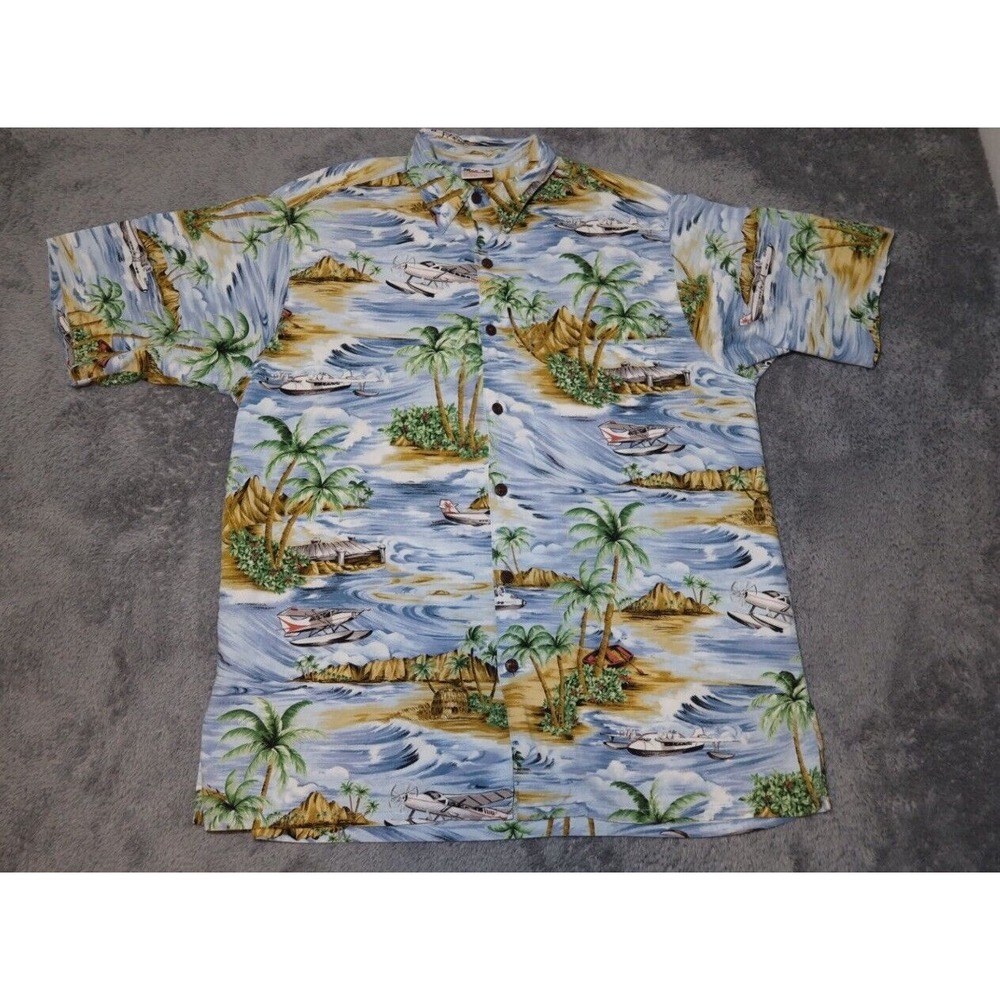 VTG Go Barefoot Men's Hawaiian Shirt Palm Tree Plane Print SZ M Made In USA